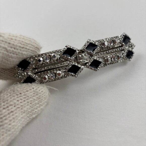 VTG Barrette Silver Tone Rhinestones Black Enamel Accents Hair Clip France - Picture 2 of 9